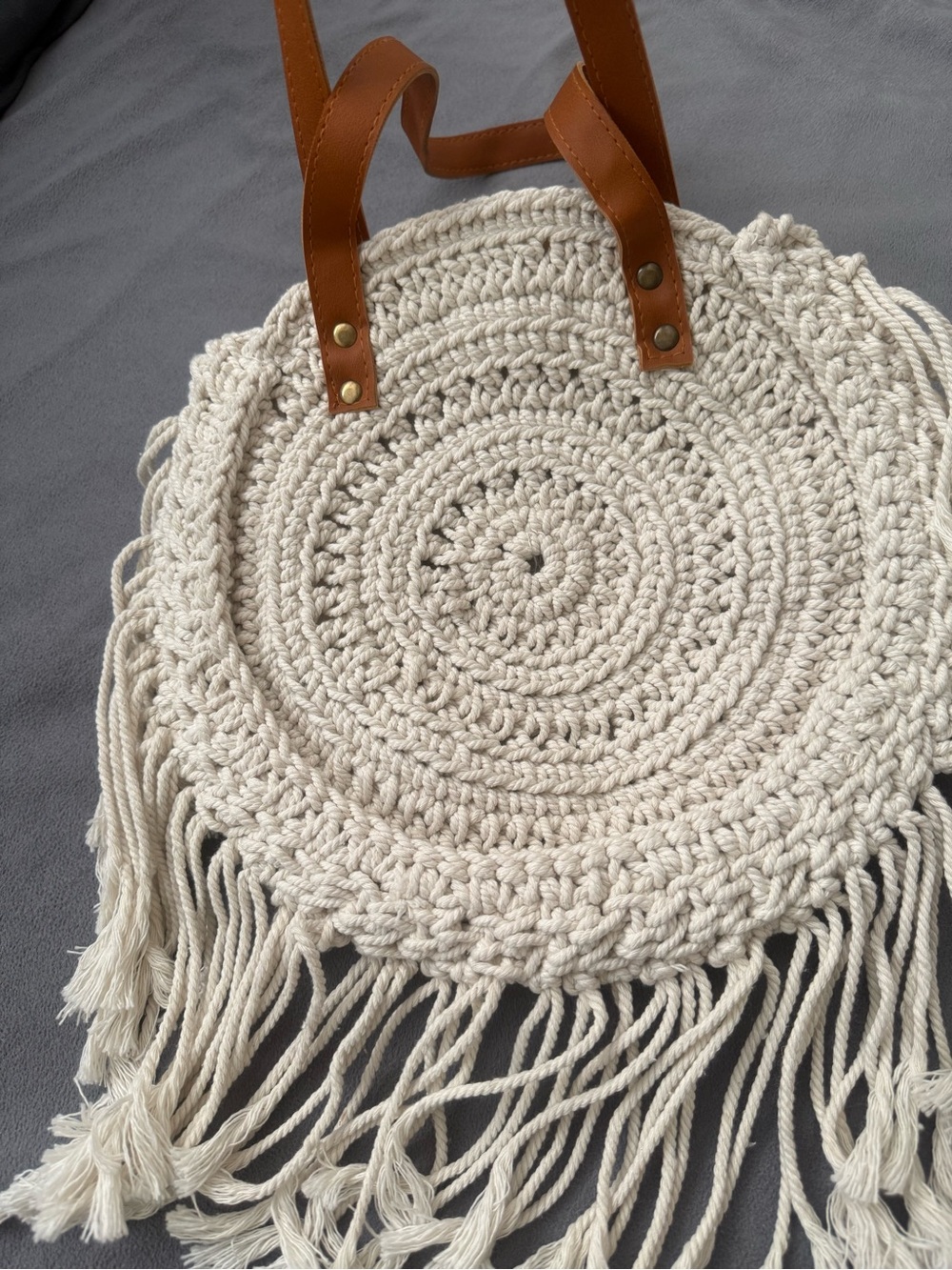 Cream Crochet Fringe Tote with Brown Strap